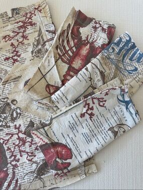 Pottery Barn Nautical Seafood Print Napkin in Red, Blue & Natural 20x20